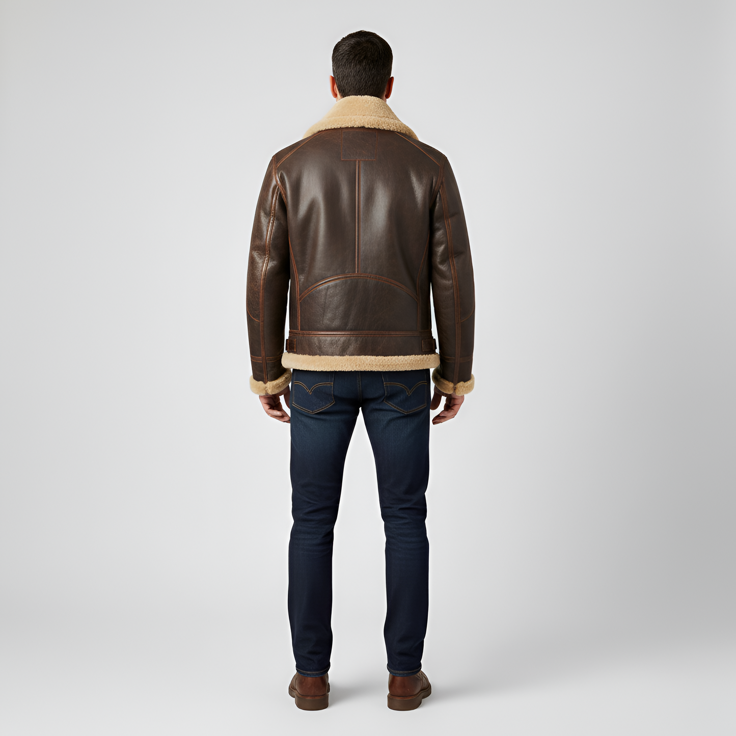 Men's Leather Aviator Jacket Shearling Faux Fur Zip Black
