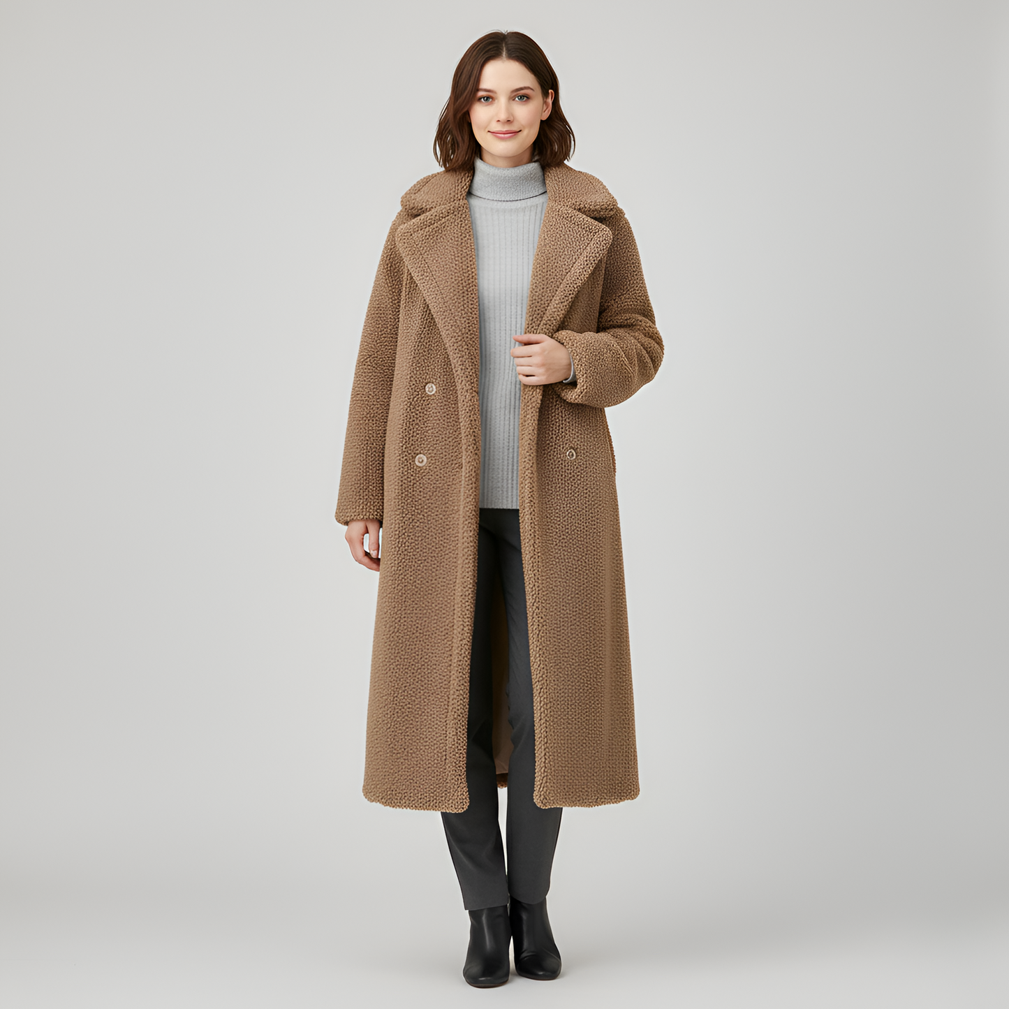 Women's Double Breasted Plush Coat Long Teddy Winter Outerwear - 
Fashinoza