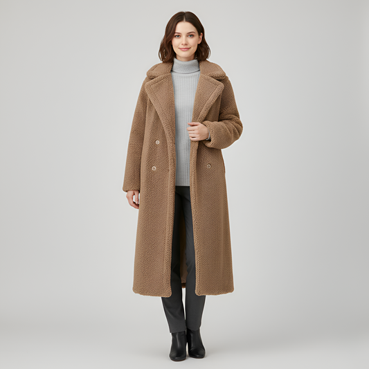 Women's Double Breasted Plush Teddy Coat - 
Fashinoza
