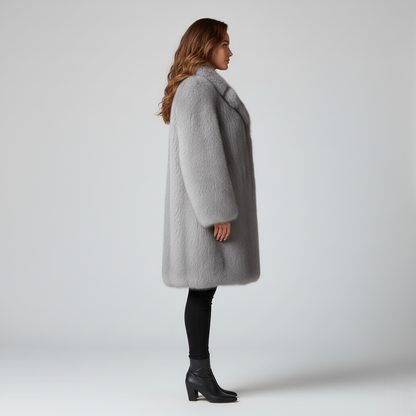 Women's Gray Faux Fur Long Coat Wide Lapel Collar