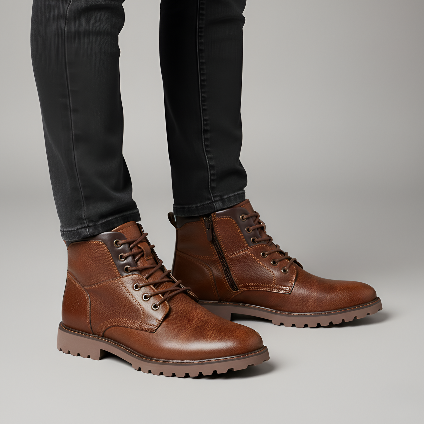 Men's Leather Ankle Boots Rugged Sole Casual Brown