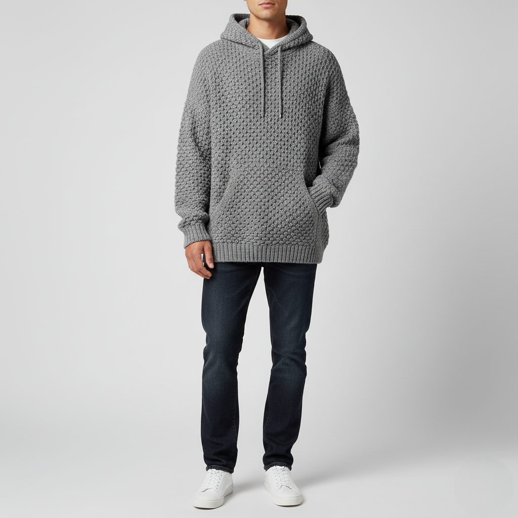 Men's Gray Textured Knit Hoodie Sweater - 
Fashinoza