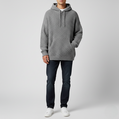 Men's Gray Textured Knit Hoodie Sweater - 
Fashinoza