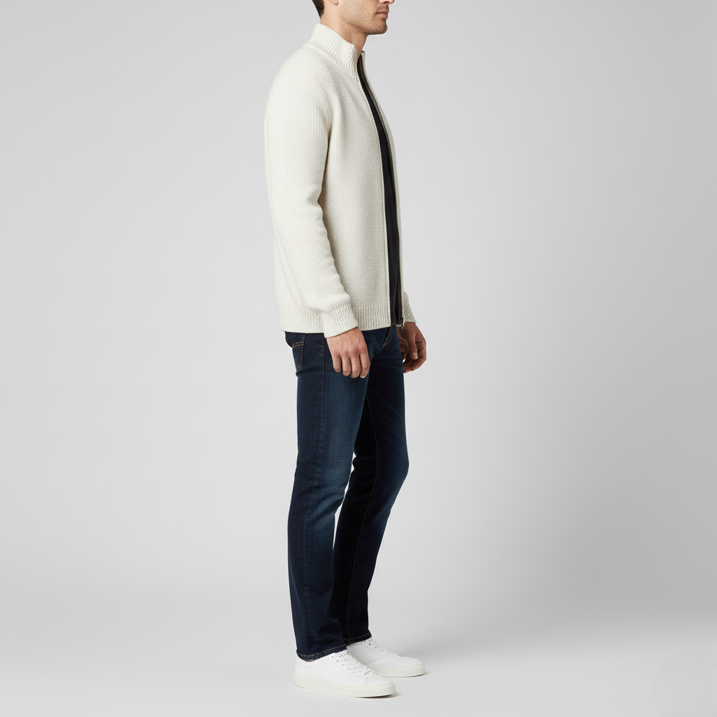 Men's Classic White Full-Zip Cardigan Sweater Ribbed Texture