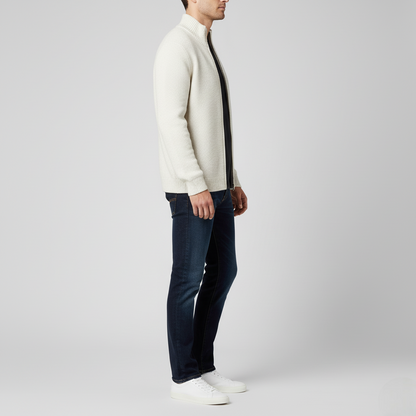 Men's Classic White Full-Zip Sweater Ribbed Texture Cardigan