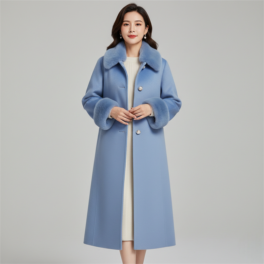 Women's Blue Long Wool Coat Faux Fur Collar - 
Fashinoza