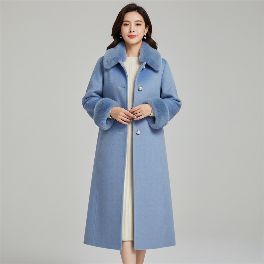 Women's Blue Wool Blend Long Winter Coat Faux Fur Collar - 
Fashinoza