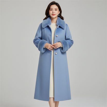 Women's Blue Wool Blend Long Winter Coat Faux Fur Collar - 
Fashinoza