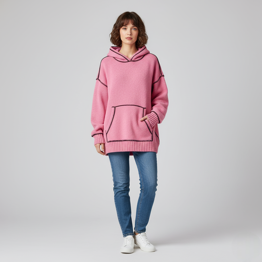 Women's Pink Knit Hoodie Contrast Stitching - 
Fashinoza