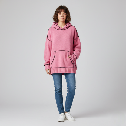 Women's Pink Knit Hoodie Contrast Stitching - 
Fashinoza