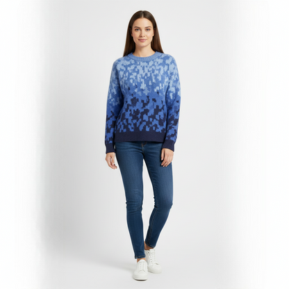 Women's Blue Crew Neck Sweater Jacquard Knit - 
Fashinoza