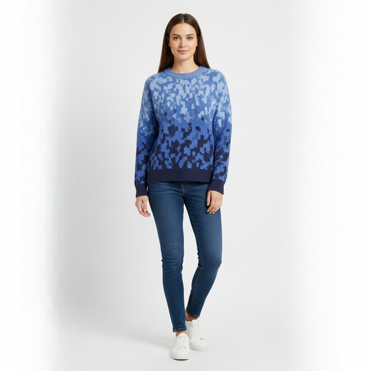 Women's Blue Crew Neck Sweater Jacquard Knit - 
Fashinoza