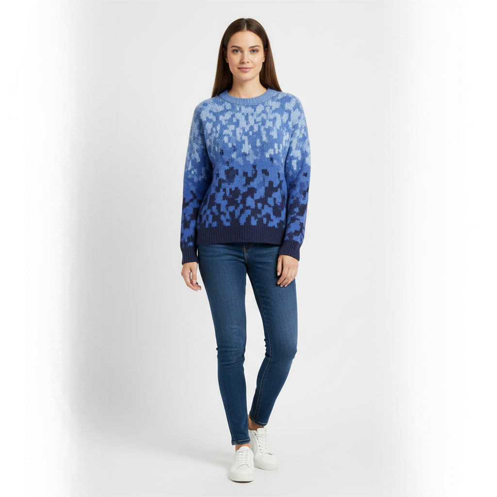 Women's Crew Neck Sweater Blue Ombre Knit - 
Fashinoza