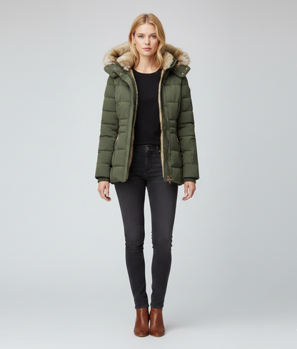 Women's Insulated Quilted Coat Hooded Faux Fur Trim