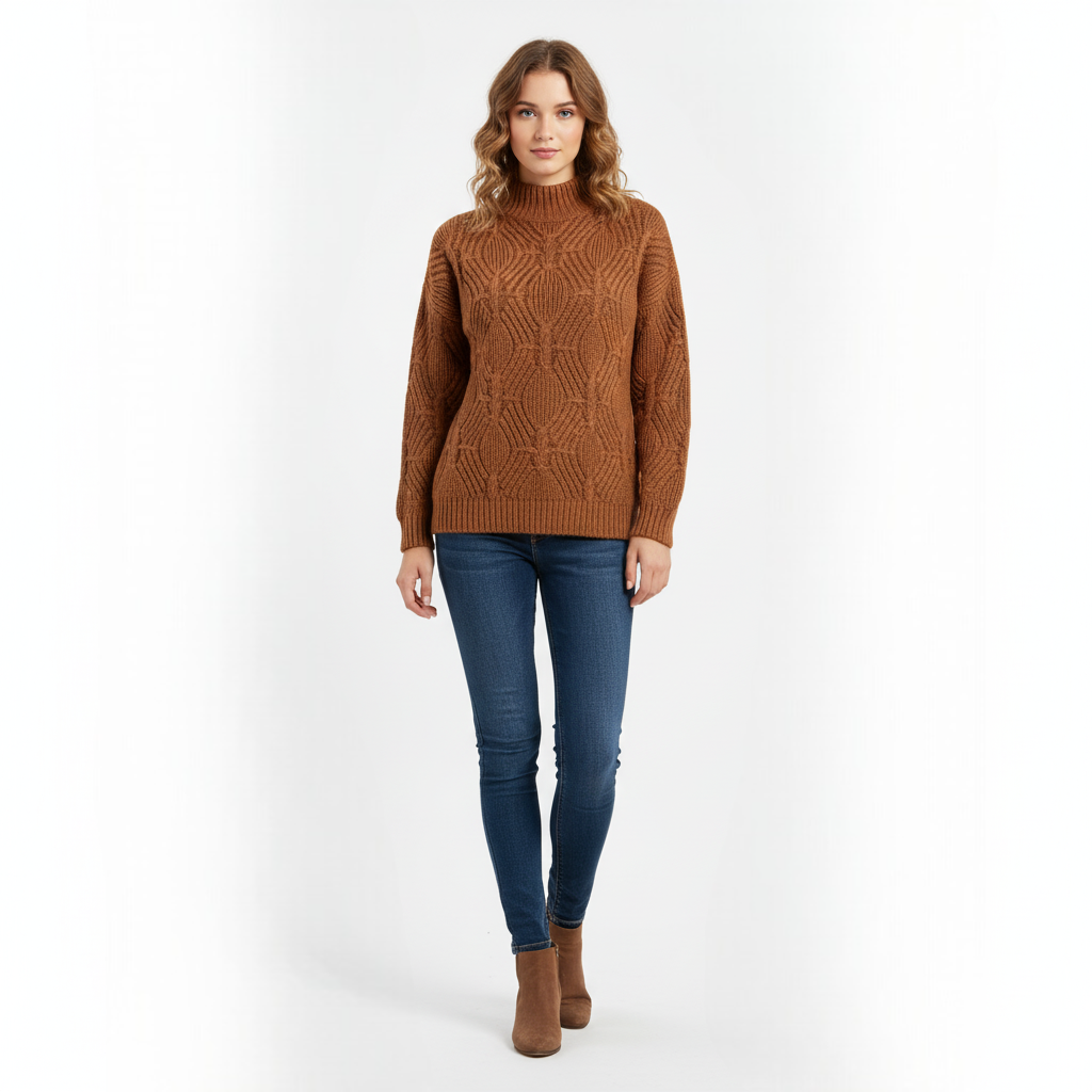 Women's Mock Neck Sweater Chestnut Brown Textured - 
Fashinoza