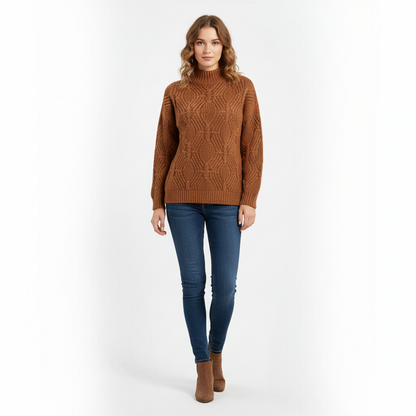 Women's Mock Neck Sweater Chestnut Brown Textured - 
Fashinoza