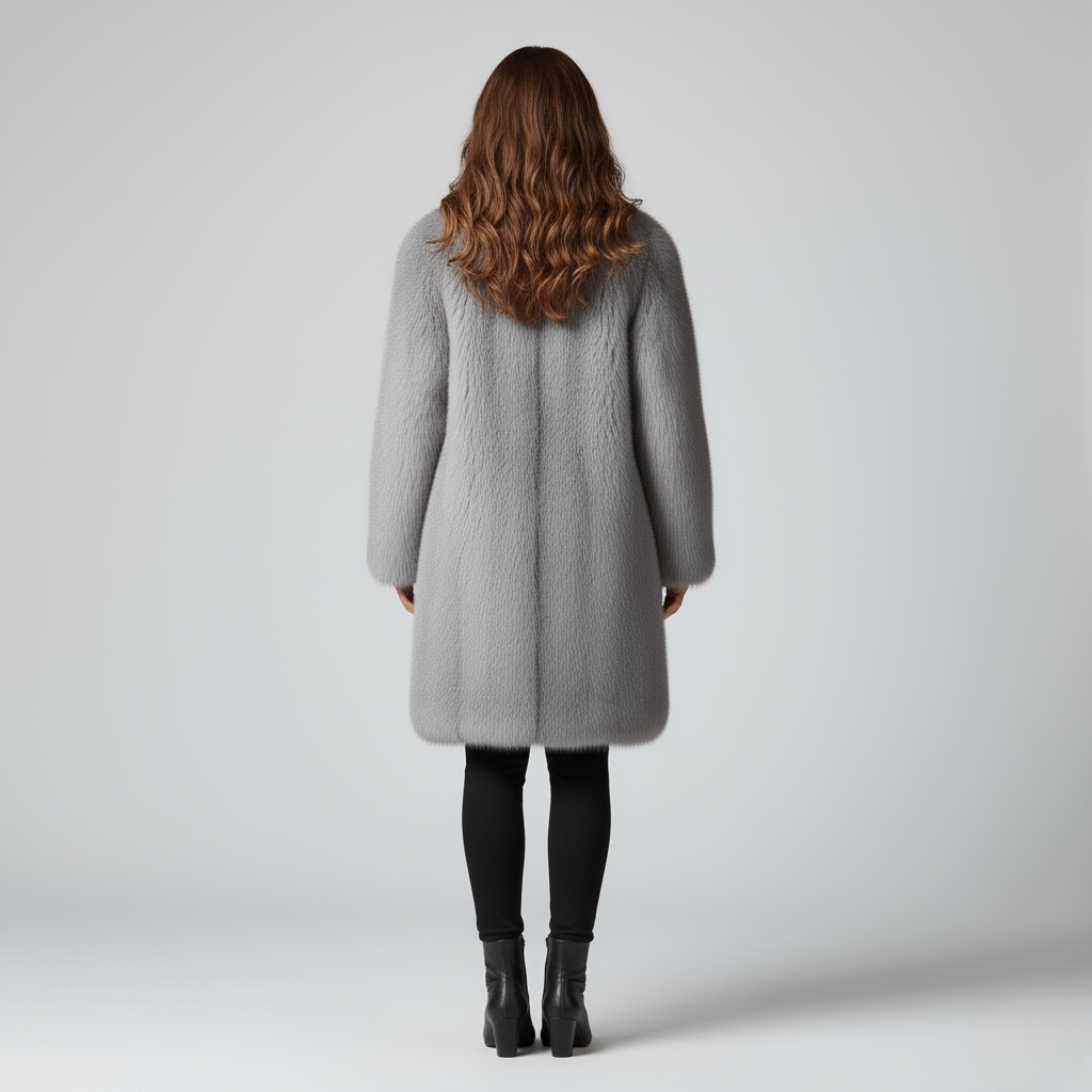 Women's Faux Fur Longline Coat Gray Wide Lapel