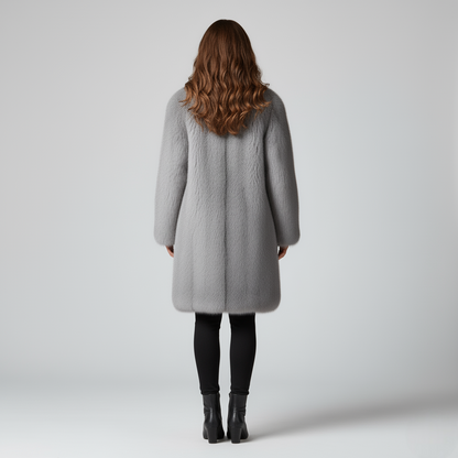 Women's Gray Faux Fur Long Coat Wide Lapel Collar