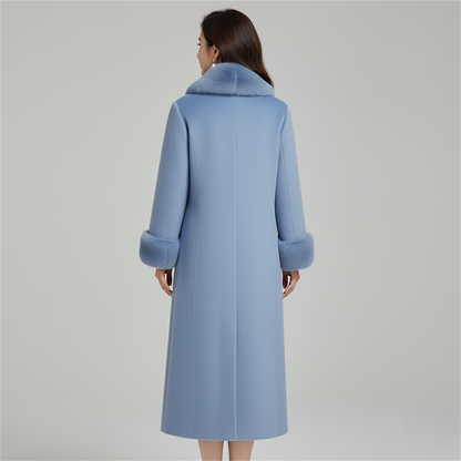 Women's Blue Wool Blend Long Winter Coat Faux Fur Collar