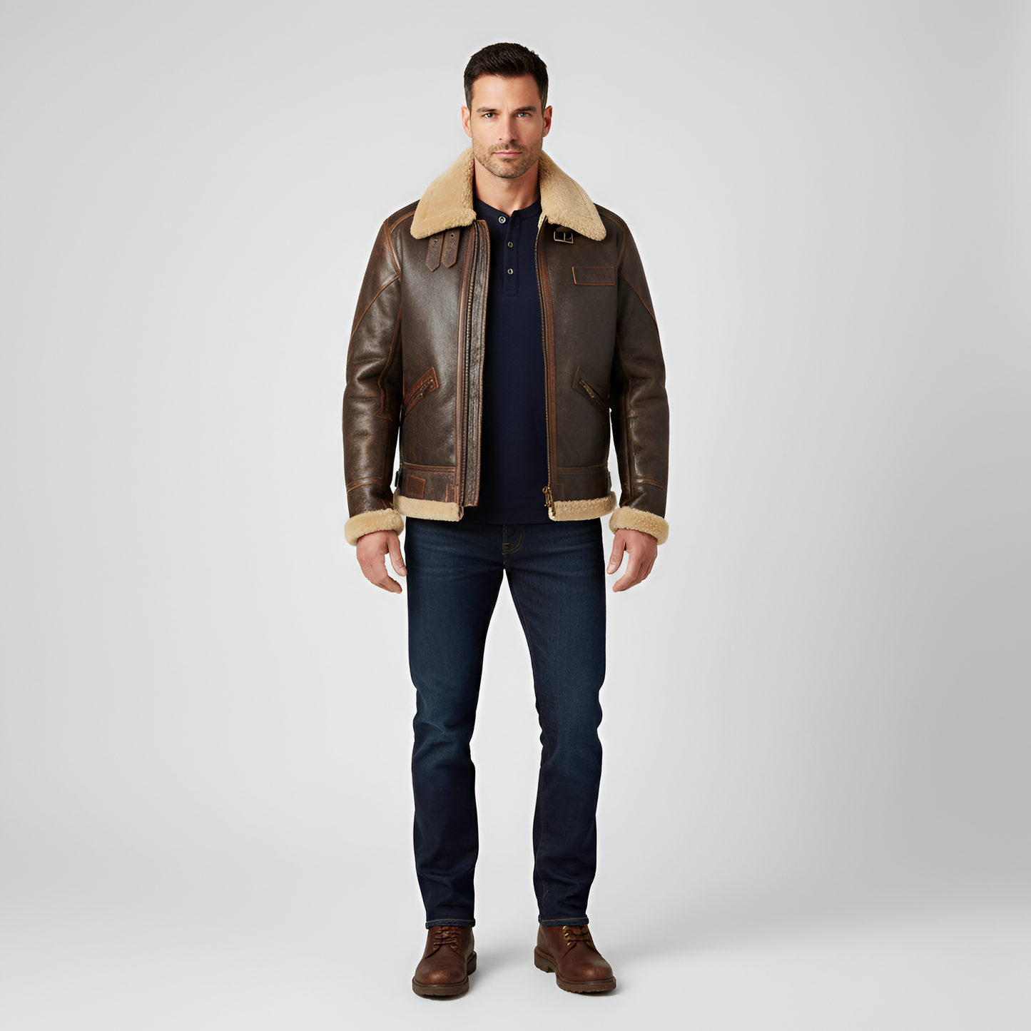 Men's Leather Aviator Jacket Shearling Faux Fur Zip Black - 
Fashinoza