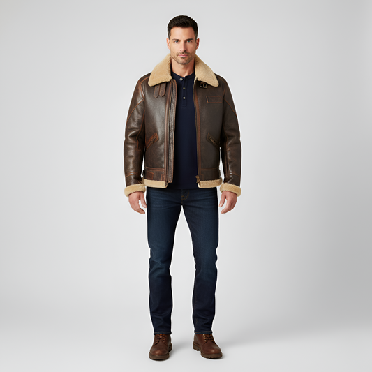 Men's Leather Aviator Jacket Shearling Faux Fur Zip Black - 
Fashinoza