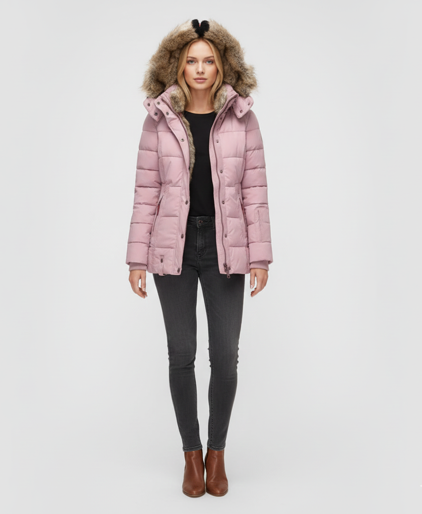 Women's Insulated Quilted Coat Hooded Faux Fur Trim