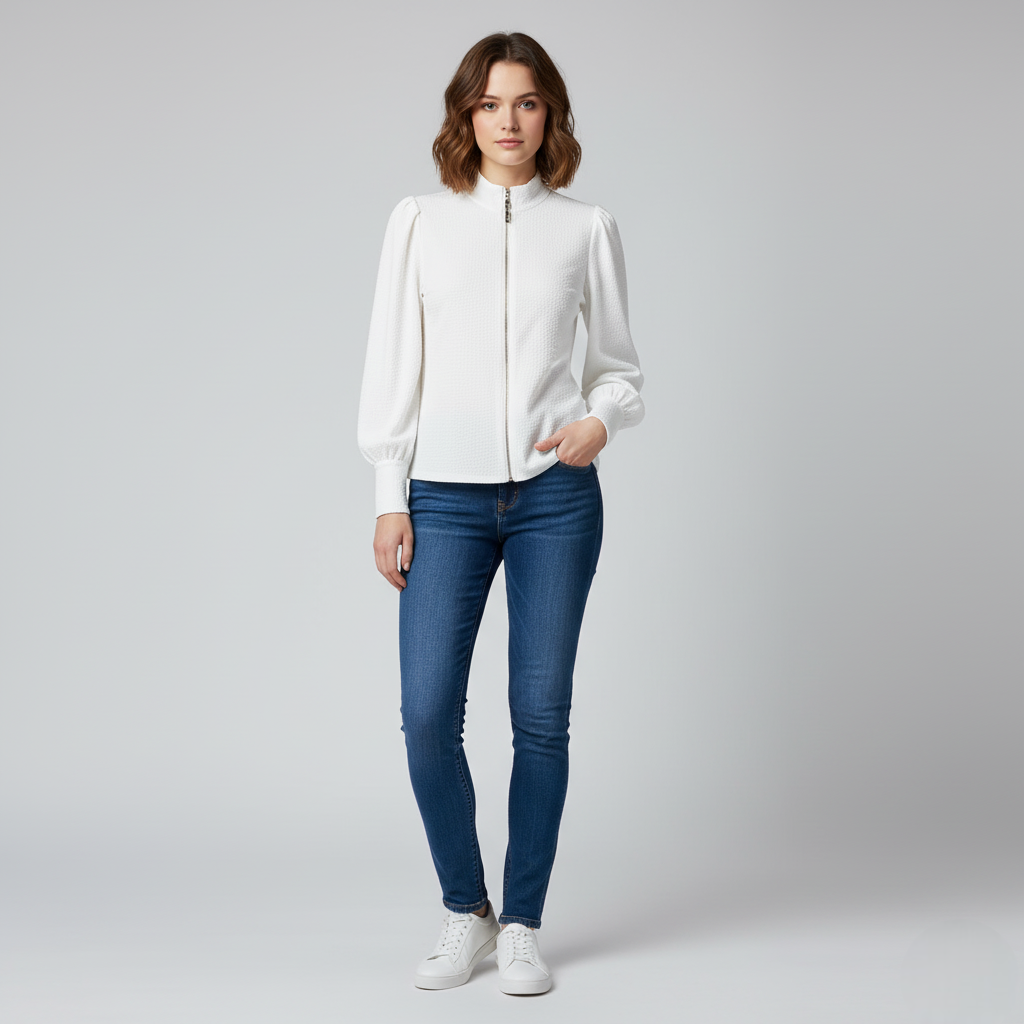 Women's Textured Zip-Up Puff Sleeves White - 
Fashinoza