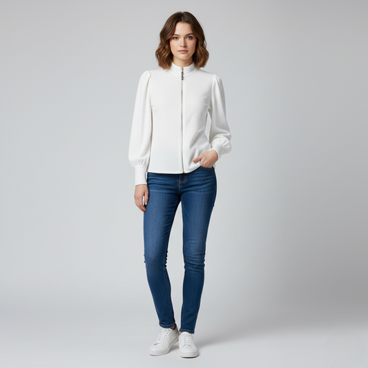 Women's Textured Zip-Up Puff Sleeves White - 
Fashinoza