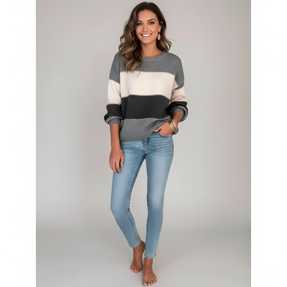 Women's Cotton Blend Sweater Pullover Long Sleeves Striped - 
Fashinoza
