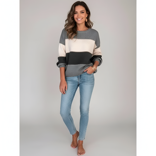 Women's Cotton Blend Sweater Pullover Long Sleeves Striped - 
Fashinoza