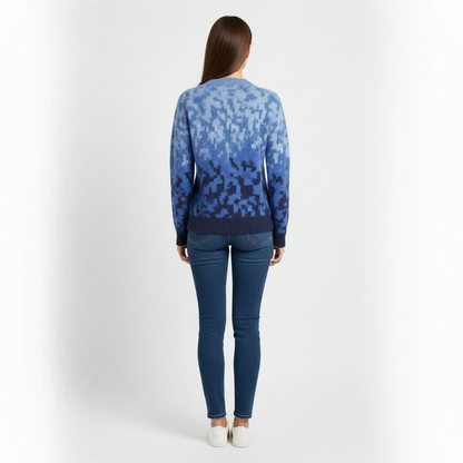 Women's Blue Crew Neck Sweater Jacquard Knit