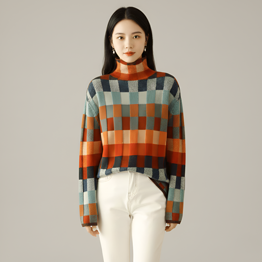 Women's Long Sleeve Turtleneck Sweater Geometric Pattern - 
Fashinoza