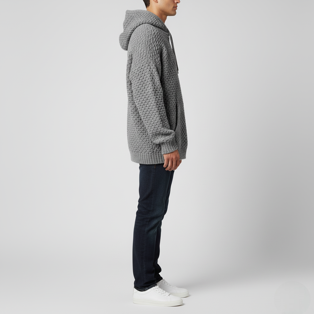 Men's Gray Textured Knit Hoodie Sweater