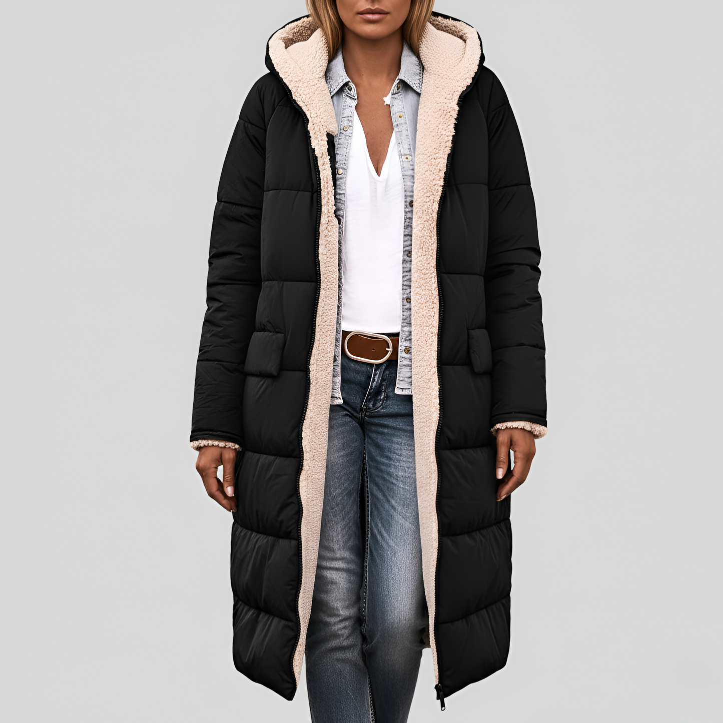 Women's Quilted Winter Coat Faux Fur Lined Hooded Black