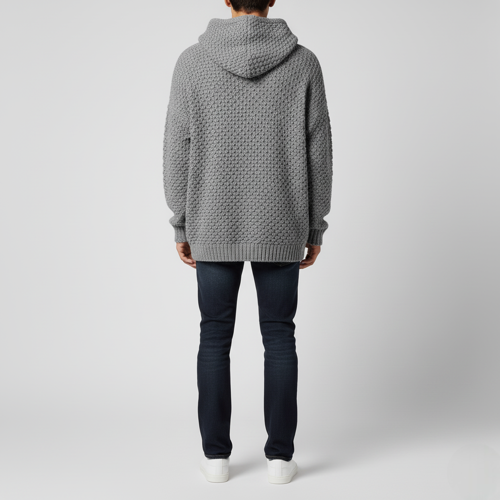 Men's Gray Textured Knit Hoodie Sweater