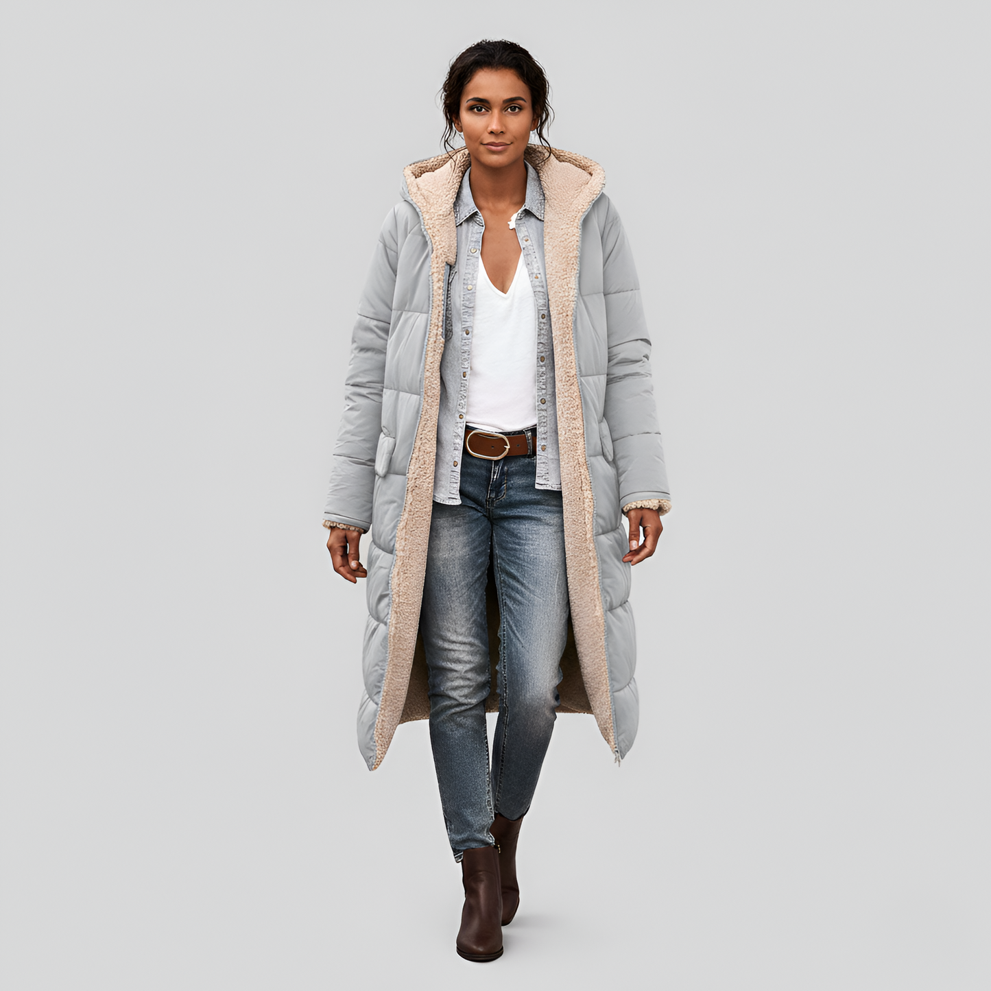 Women's Quilted Winter Coat Faux Fur Lined Hooded Black - 
Fashinoza