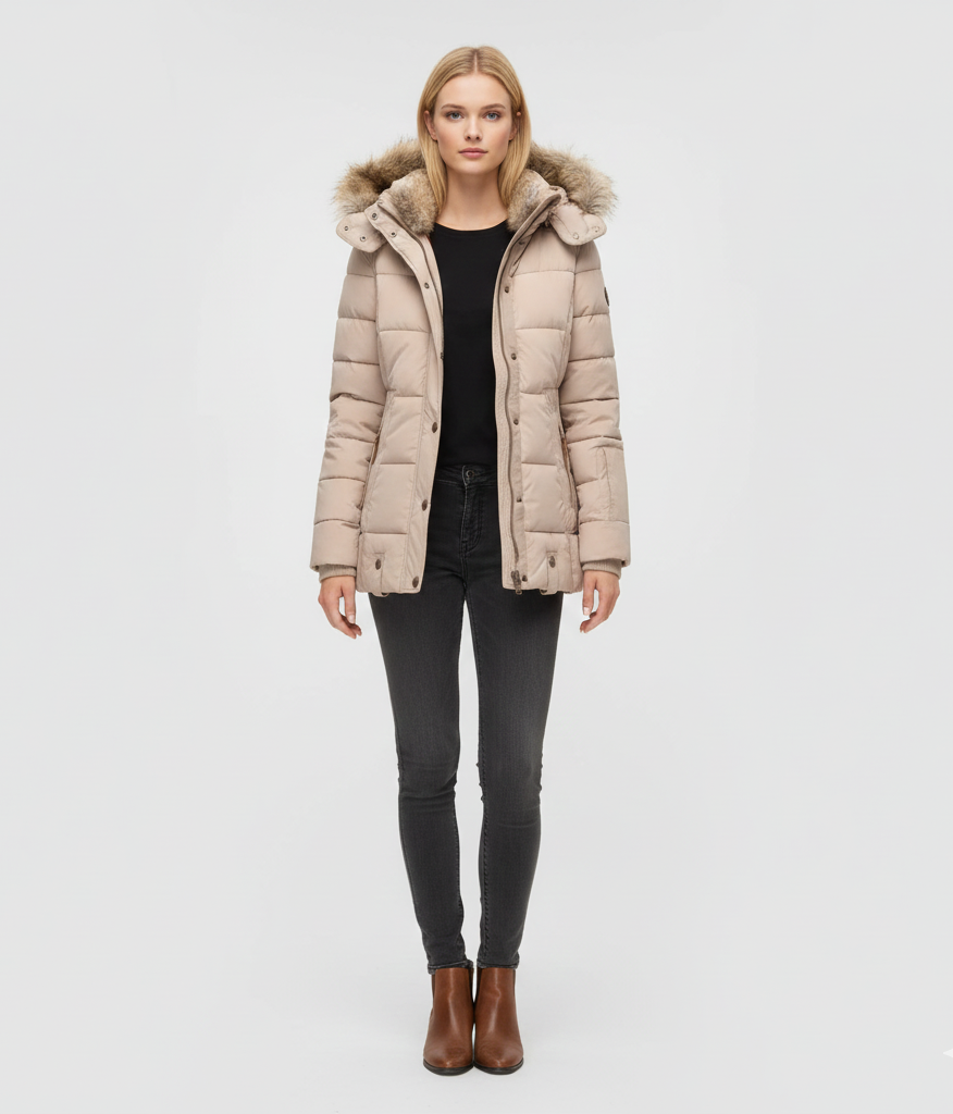Women's Insulated Quilted Coat Hooded Faux Fur Trim