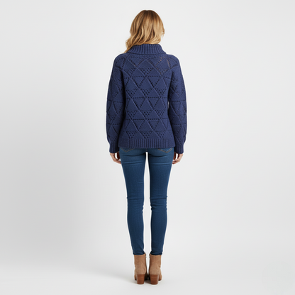 Women's Blue Chunky Knit Sweater Diamond Texture