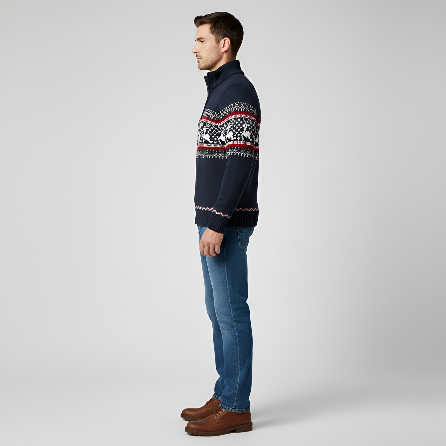 Men's Half Zip Wool Sweater Fair Isle Pattern