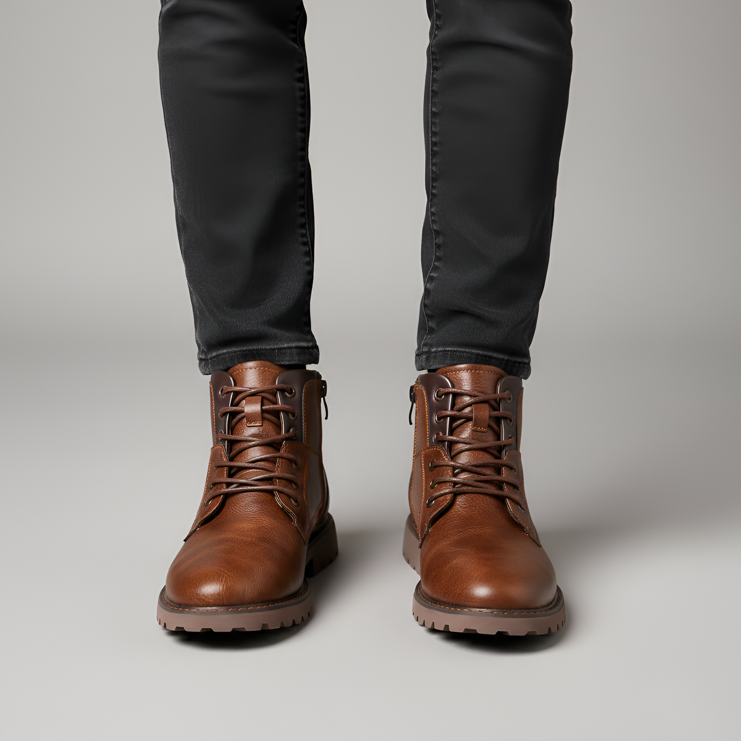Men's Leather Ankle Boots Rugged Sole Casual Brown - 
Fashinoza