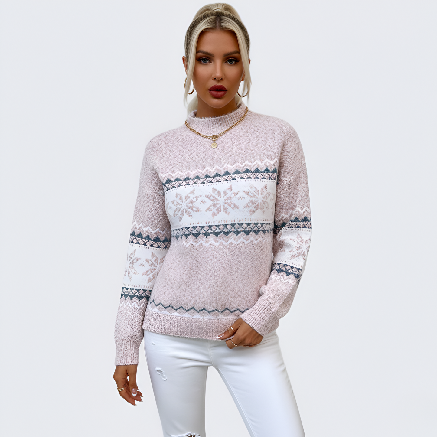 Women's Fair Isle Knit Sweater Mock Neck Long Sleeve Winter Pullover