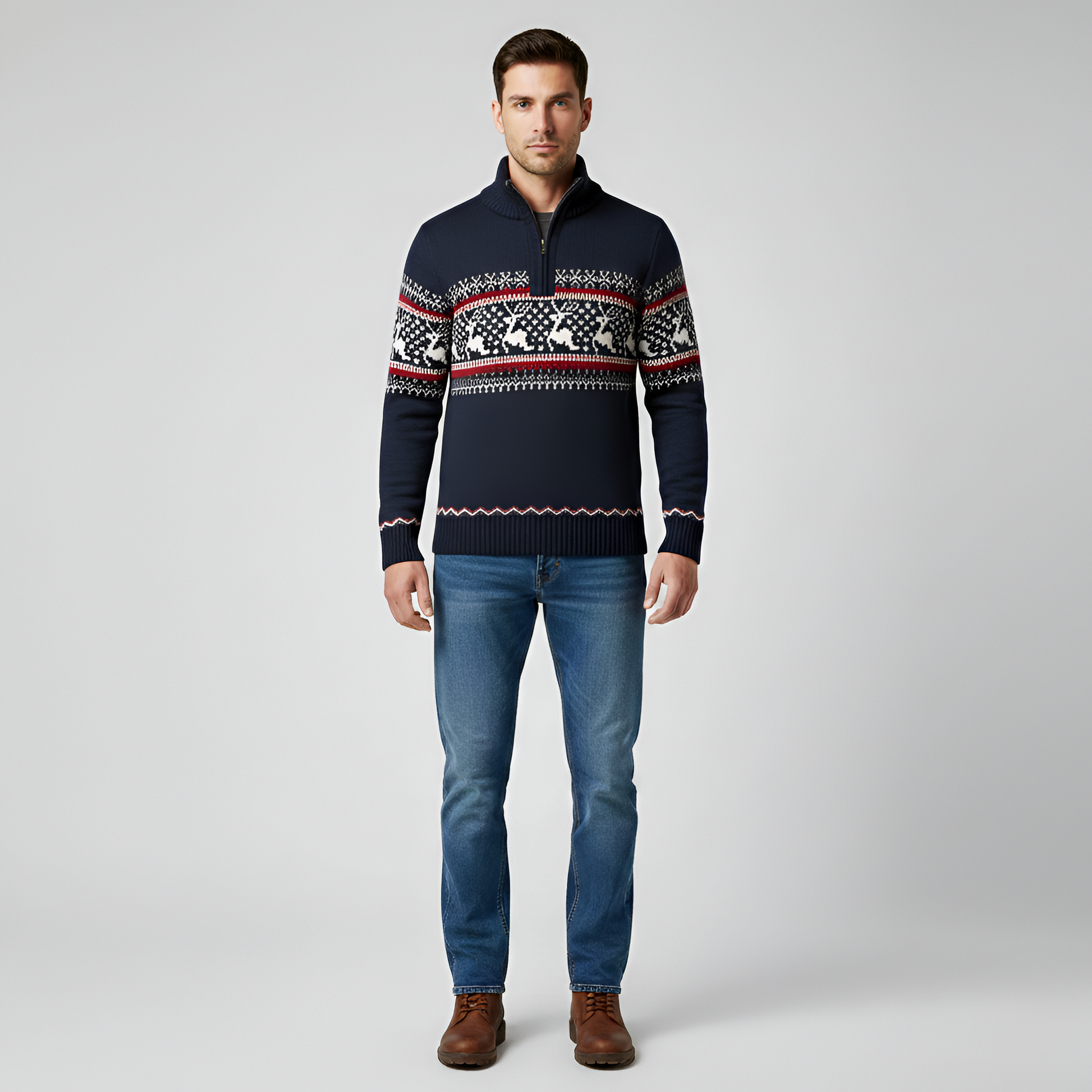 Men's Half Zip Wool Sweater Fair Isle Pattern - 
Fashinoza