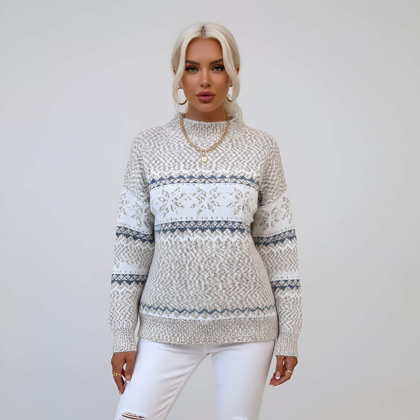 Women's Mock Neck Sweater Fair Isle Knit Long Sleeve Winter - 
Fashinoza
