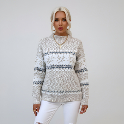 Women's Mock Neck Sweater Fair Isle Knit Long Sleeve Winter - 
Fashinoza