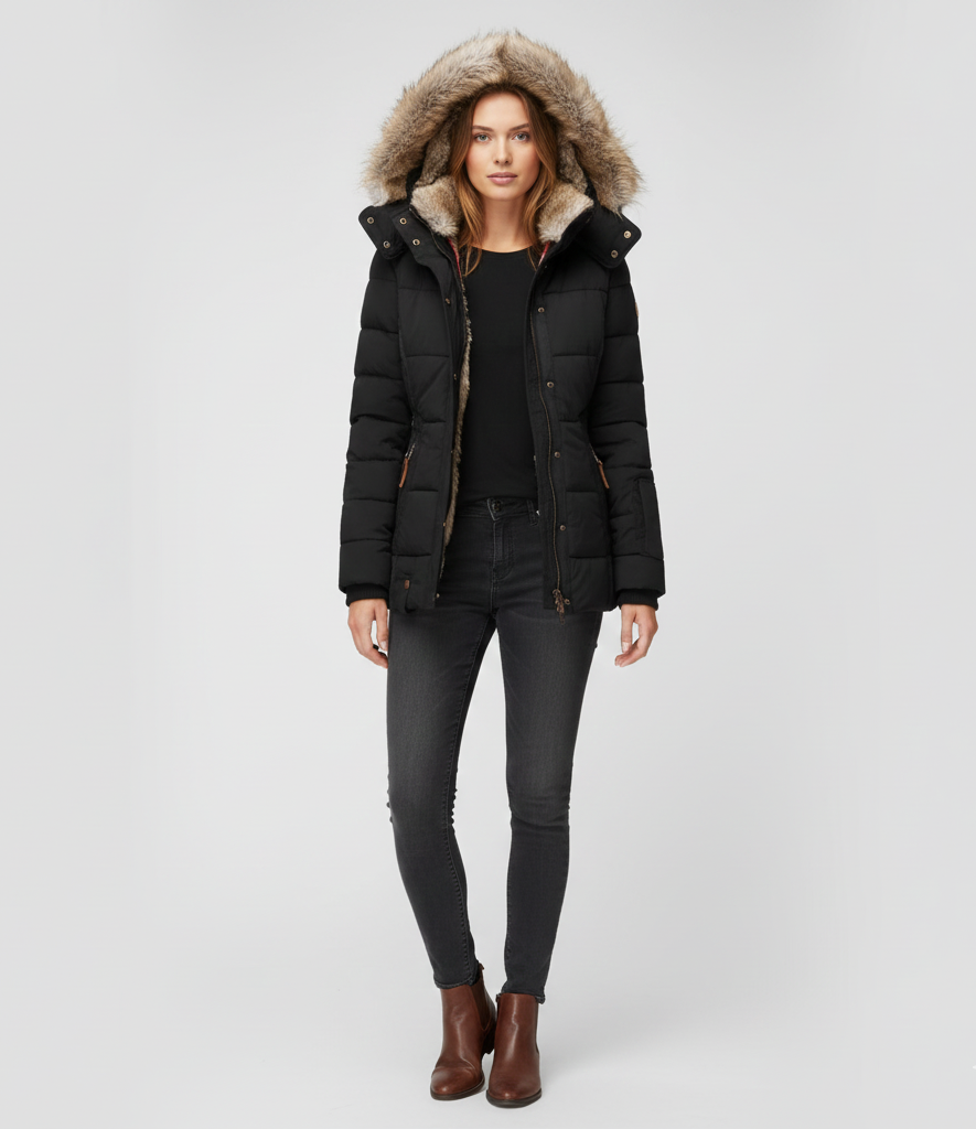 Women's Insulated Quilted Coat Hooded Faux Fur Trim