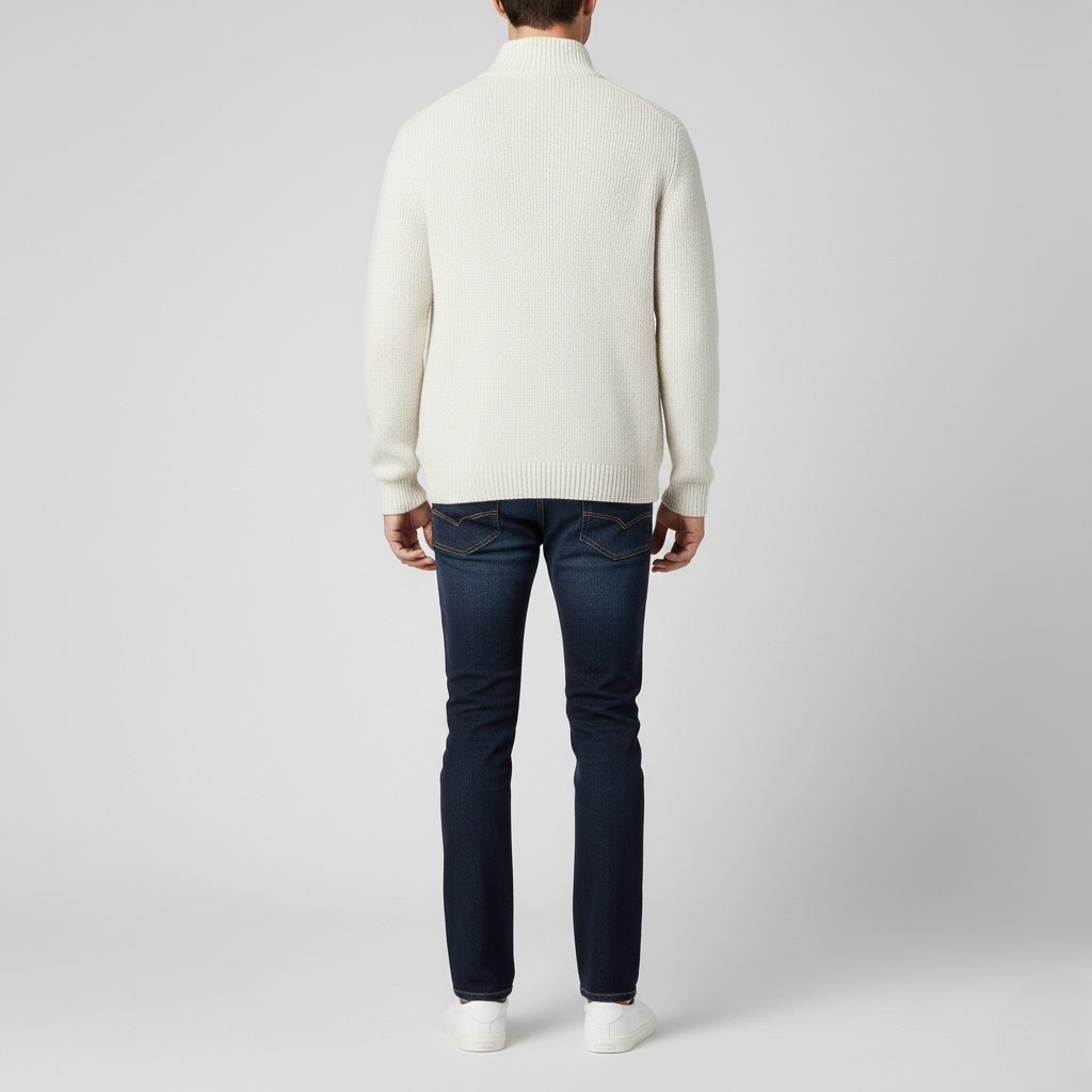 Men's Classic White Full-Zip Cardigan Sweater Ribbed Texture
