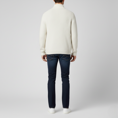 Men's Classic White Full-Zip Cardigan Sweater Ribbed Texture