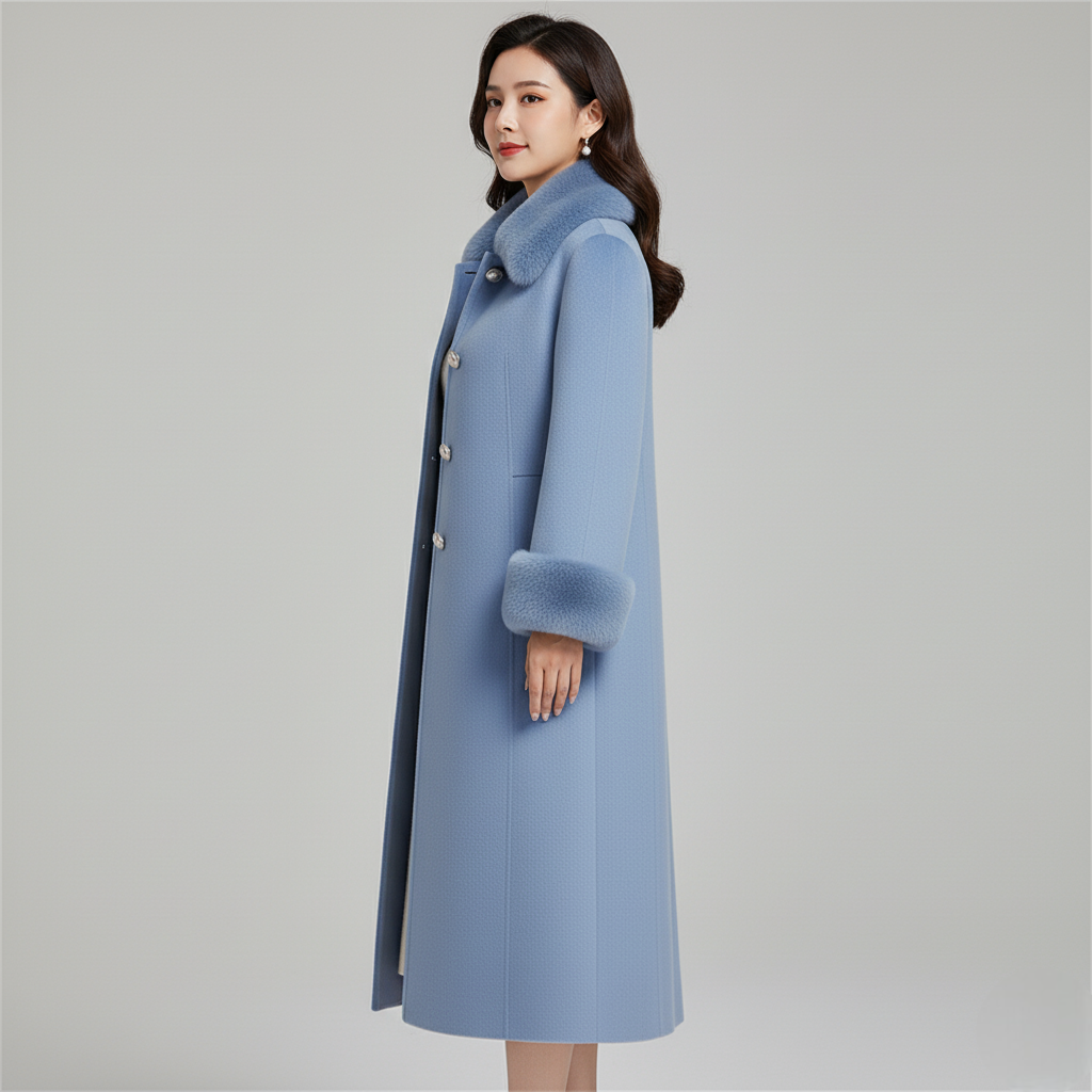 Women's Blue Wool Blend Long Winter Coat Faux Fur Collar