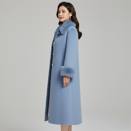 Women's Blue Wool Blend Long Winter Coat Faux Fur Collar