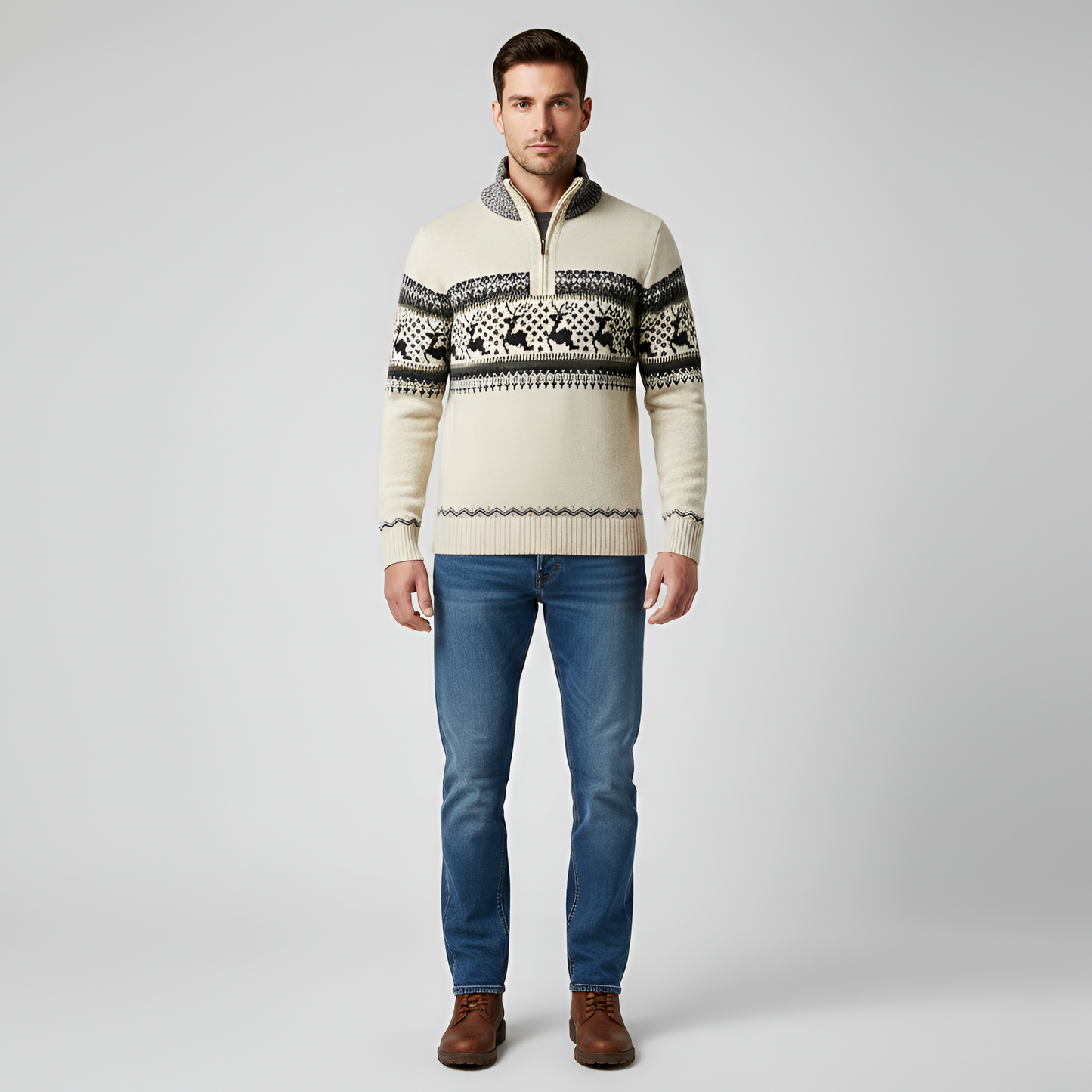 Men's Half Zip Wool Sweater Fair Isle Pattern